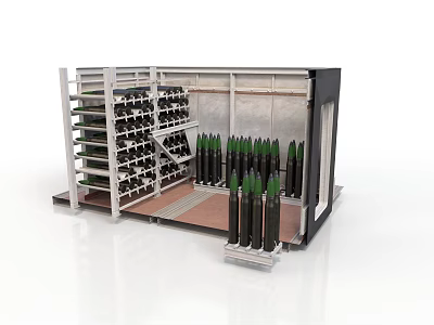Industrial Metal Storage Rack With Organized Wine Bottles And Green Top Black Cylinders 3d model