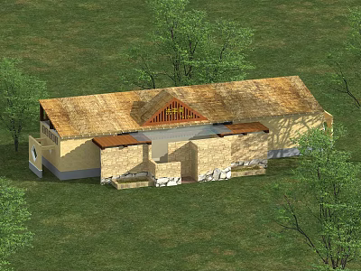 Wooden House with Thatched Roof Surrounded by Green Grass and Trees 3d model