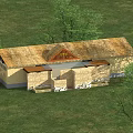 Wooden House with Thatched Roof Surrounded by Green Grass and Trees