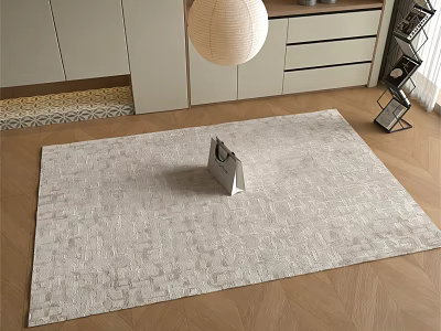 Square Area Rug Light Gray Textured On Wooden Floor With Modern Cabinet And Pendant Lamp 3d model