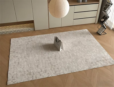 Square Area Rug Light Gray Textured On Wooden Floor With Modern Cabinet And Pendant Lamp 3d model
