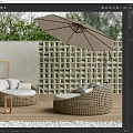 Outdoor Wicker Sofa with Curved Design Green Plants Umbrella and Cushions on Wooden Patio