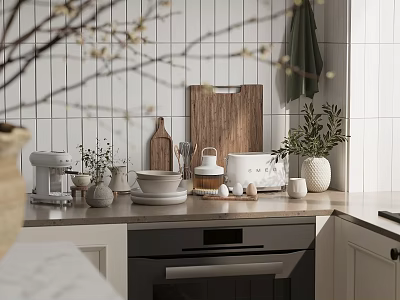 Cozy Kitchen Counter With Cookware And Appliances 3d model