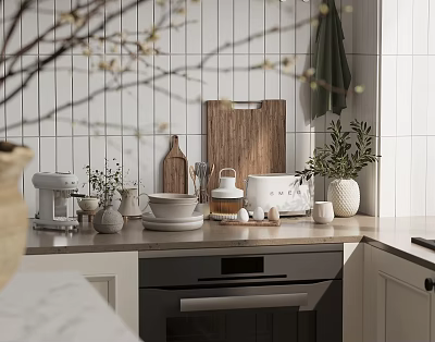 Cozy Kitchen Counter With Cookware And Appliances 3d model