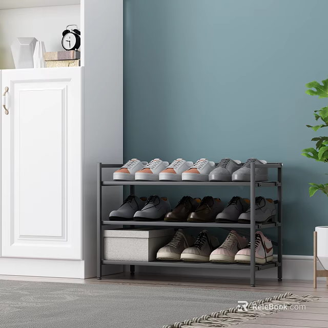 Multi Tier Shoe Rack With Various Shoes White Cabinet Light Blue Wall And Green Plant 3d model 