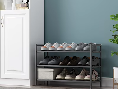 Multi Tier Shoe Rack With Various Shoes White Cabinet Light Blue Wall And Green Plant 3d model