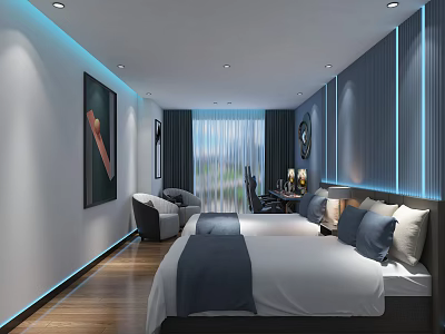 Modern Hotel Room Interior With Double Beds Blue Pillows Wooden Flooring And Window Curtains 3d model