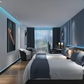 Modern Hotel Room Interior With Double Beds Blue Pillows Wooden Flooring And Window Curtains