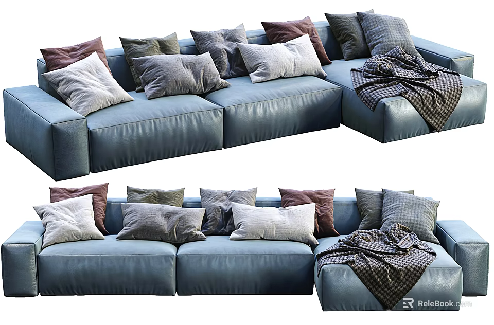 Stylish Blue Sectional Sofa With Multiple Colored Cushions And Throw Blanket 3d model