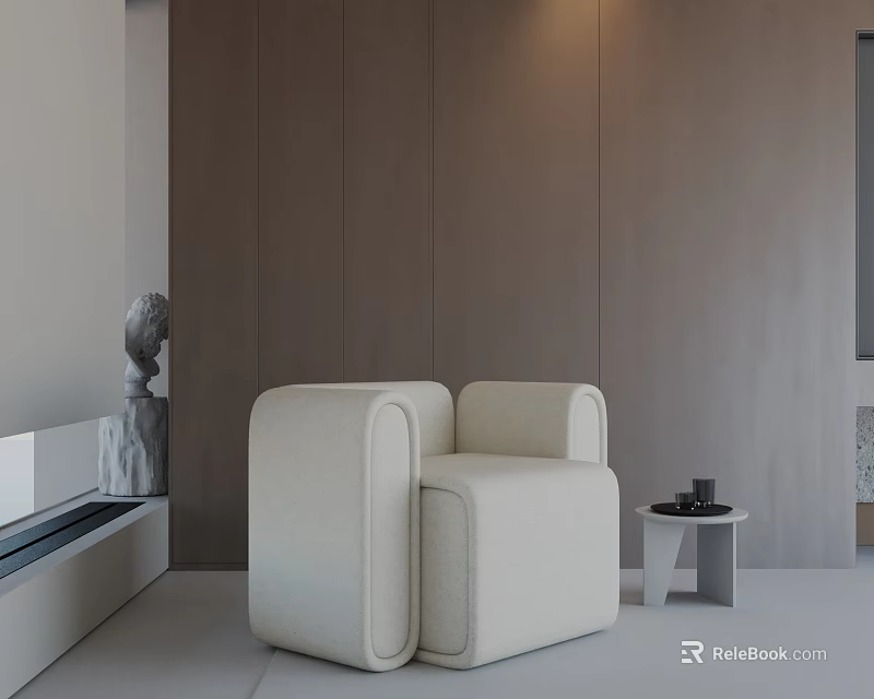 Beige Modern Leisure Chair With Small Side Table And Brown Wall Background 3d model 