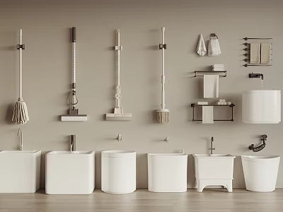 Wall Mounted Cleaning Tools And Bathroom Sinks Setup 3d model