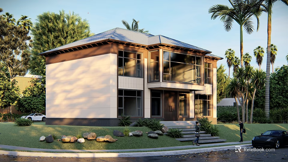 Modern Detached Villa Two Story Design With Large Windows Landscaped Lawn Stone Accents And Palm Trees 3d model 