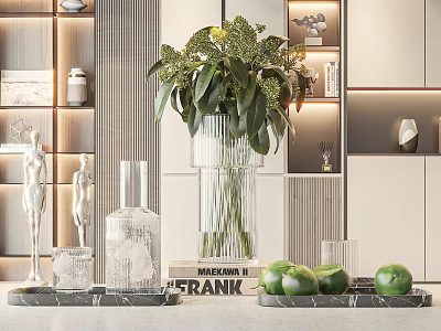 Modern Glass Vase With Green Plant In Decorative Setting With Books Limes And Marble Tray 3d model