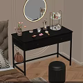 Black Makeup Desk With Cosmetics Vase Round Mirror Three Tier Shelf And Stool