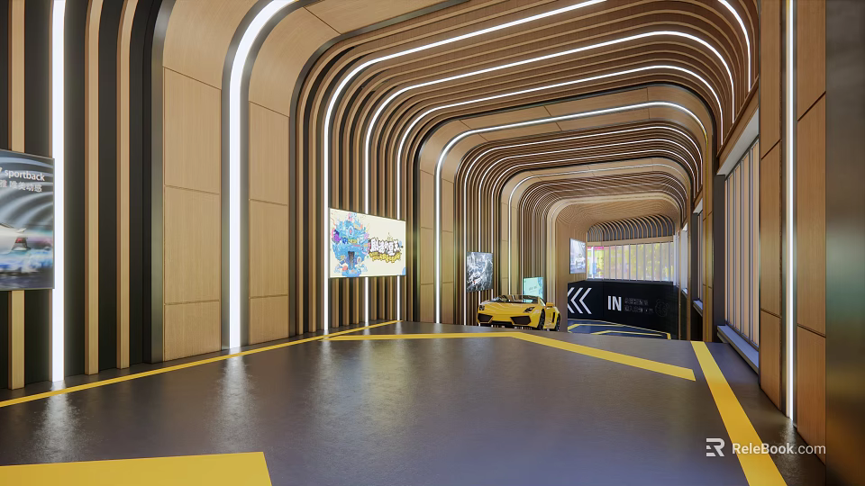 Modern Parking Garage Interior With Curved Structures LED Lighting And Yellow Stripes 3d model 