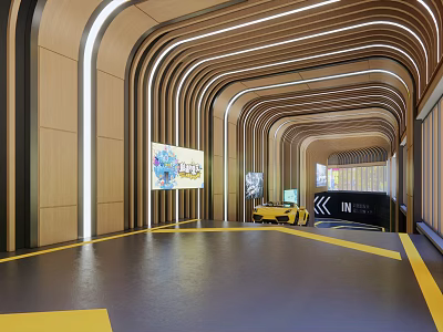 Modern Parking Garage Interior With Curved Structures LED Lighting And Yellow Stripes 3d model