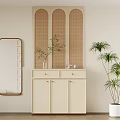 Light Beige Shoe Cabinet With Arched Woven Panels Mirror And Potted Plant