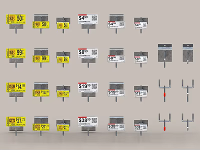 Household Items Price Tags With Various Prices Discount Percentages And Hanging Hooks 3d model