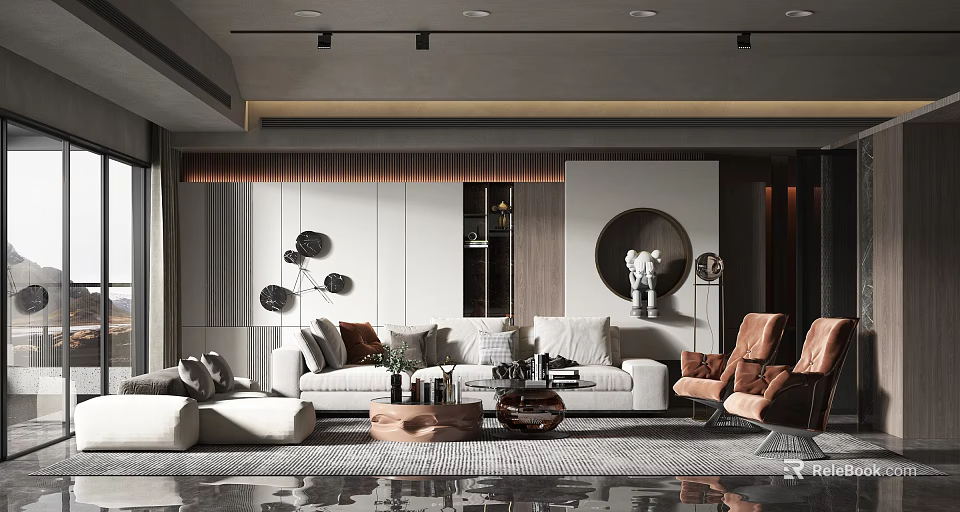 Modern Living Room Interior Design With Light Sofa Wooden Coffee Table And Round Decorative Mirror 3d model 