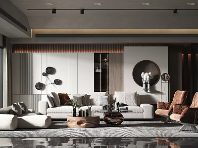 Modern Living Room Interior Design With Light Sofa Wooden Coffee Table And Round Decorative Mirror 3d model