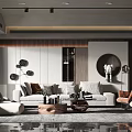 Modern Living Room Interior Design With Light Sofa Wooden Coffee Table And Round Decorative Mirror