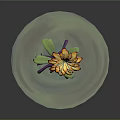 Vibrant Plant Featuring Yellow Orange Flowers Green Leaves Purple Roots on Light Green Circular Base