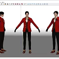 Man in Red Coat Gray Pants and Brown Shoes Standing Pose Three Angles