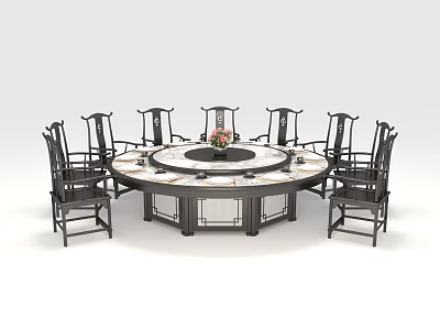 Chinese Style Round Dining Table Set with Eight Chairs and Decorative Flower Centerpiece 3d model