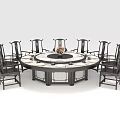 Chinese Style Round Dining Table Set with Eight Chairs and Decorative Flower Centerpiece