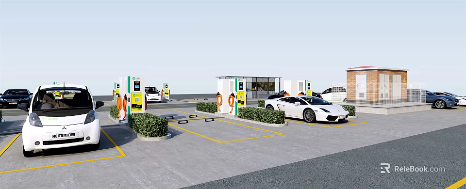 Electric Vehicle Charging Station In Parking Lot With Charging Piles White Sports Car And Staff 3d model 