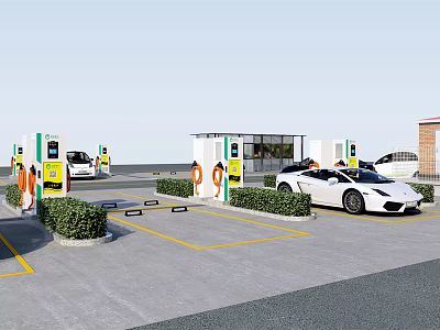 Electric Vehicle Charging Station In Parking Lot With Charging Piles White Sports Car And Staff 3d model