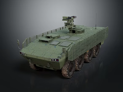 Green Armored Military Functional Vehicle With Multi Wheeled Design And Roof Turret 3d model