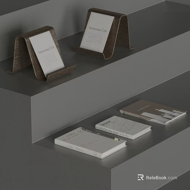Stylish Ornament Decor Combination With Wooden Calendar Holders And Notebooks On Display Shelf 3d model 