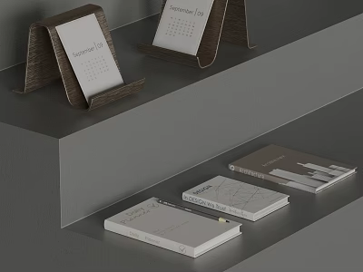 Stylish Ornament Decor Combination With Wooden Calendar Holders And Notebooks On Display Shelf 3d model