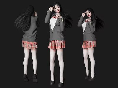 Woman Wearing Gray Blazer White Shirt Red Plaid Skirt Long Hair Black Shoes Multiple Angles 3d model