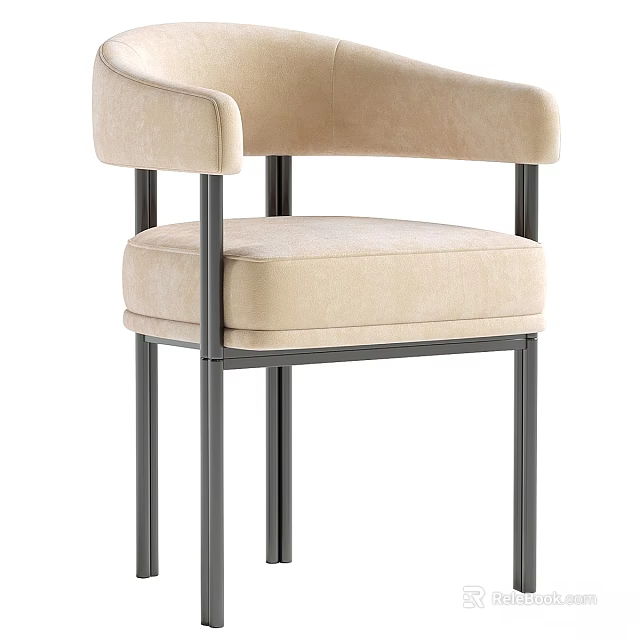 Modern Beige Upholstered Stool With Armrest And Black Metal Frame 3d model