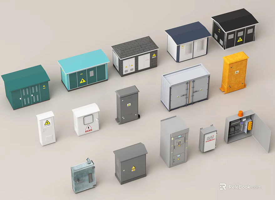 Multiple Industrial Equipment Electrical Enclosures With Various Colors Different Designs Open Closed And Warning Signs 3d model 