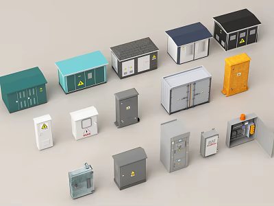 Multiple Industrial Equipment Electrical Enclosures With Various Colors Different Designs Open Closed And Warning Signs 3d model