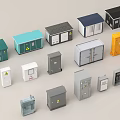 Multiple Industrial Equipment Electrical Enclosures With Various Colors Different Designs Open Closed And Warning Signs