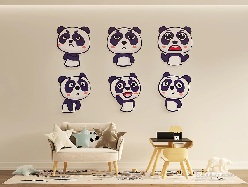 Cute Panda Wall Stickers With Various Facial Expressions In Living Room Decor 3d model 
