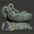 Ornate Dragon Decorated Water Basin With Blue Water And Rock Base