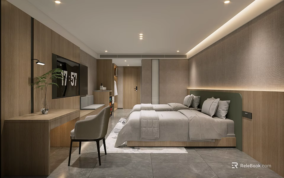 Modern Minimalist Hotel Guest Room With King Bed Green Pillows Wooden Accents And Recessed Lighting 3d model 