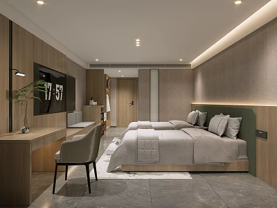 Modern Minimalist Hotel Guest Room With King Bed Green Pillows Wooden Accents And Recessed Lighting 3d model