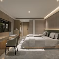 Modern Minimalist Hotel Guest Room With King Bed Green Pillows Wooden Accents And Recessed Lighting