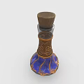 Three Decorative Glass Bottles With Red Blue Yellow Liquids Gold Patterns And Wooden Stoppers