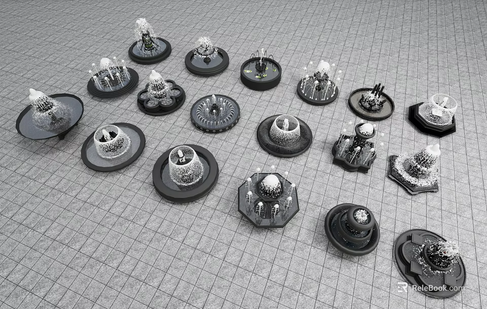 Various Decorative Fountain Models Arranged on Grid Pattern Gray Ground Surface 3d model 
