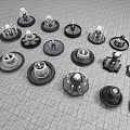 Various Decorative Fountain Models Arranged on Grid Pattern Gray Ground Surface