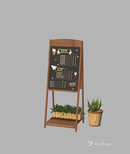 Standing Wooden Display Shelf With Menu Board And Green Potted Plants 3d model 