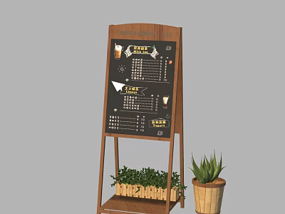 Standing Wooden Display Shelf With Menu Board And Green Potted Plants 3d model