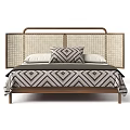 Modern Double Bed Design With Woven Headboard Wooden Frame And Geometric Pattern Bedding 3d model